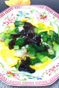 炒り卵の小松菜とアサリの餡かけ風