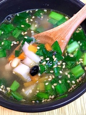 鯖と雑穀と根菜のスープ