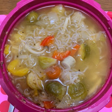 電子レンジ圧力鍋で作る野菜スープの写真