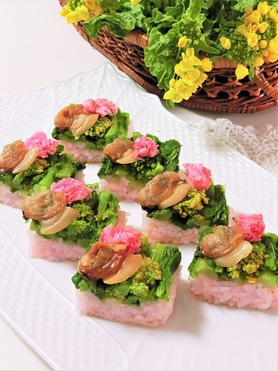 煮蛤、菜の花、桜のお寿司＊お花見ひな祭りの写真
