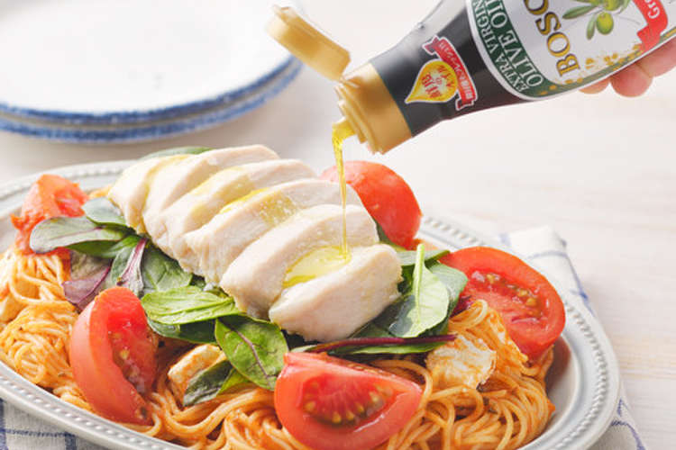 トマト サラダチキンの冷製パスタ レシピ 作り方 By 日清オイリオ クックパッド