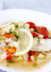 簡単♪白身魚とカラフル野菜の温菜サラダ