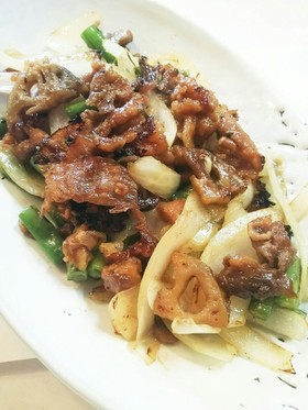 蓮根 玉葱 いんげん 豚肉 甘辛炒め