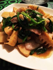 筍と豚肉ホウレンソウのコクうまソース炒めの写真