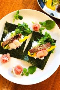 記念日に♡ステーキ肉のサラダ手巻き寿司
