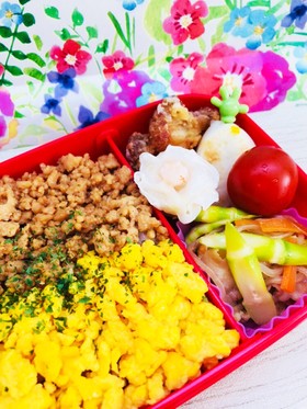 二色丼とたけのこ炒めの彩りお弁当♡