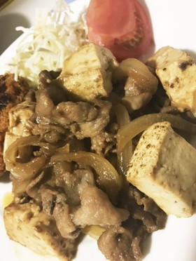 焼き豆腐と豚肉の焼肉タレ炒め