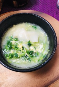 餃子の皮と豆苗のたまごスープ