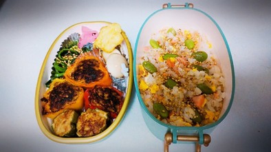 カラフルピーマン肉詰めと石狩寿司弁当の写真