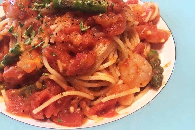 冷凍エビで エビとアスパラのトマトパスタ レシピ 作り方 By Kateschmid クックパッド 簡単おいしいみんなのレシピが361万品