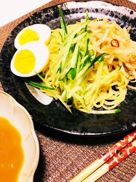 魚介豚骨つけ麺×もやしのピリ辛中華和え