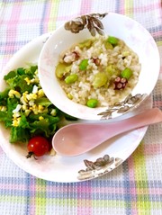 そら豆とタコのリゾットの写真