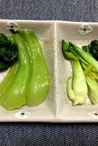 青梗菜のわさび漬け(左)と糠漬け(右)
