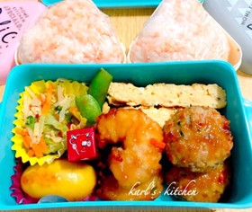 豆腐ハンバーグエビ天ぷら卵焼き弁当