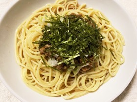簡単♪出汁スープで食べる納豆パスタ