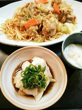 夕飯(7/3)レンジで蒸し鶏 葱ソース