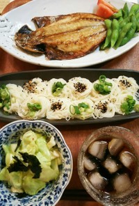 夕飯 鯵の干物 素麺