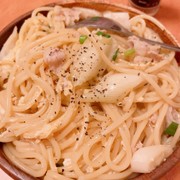 豚バラネギ卵パスタの写真