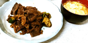 ♥牛肉の甘酢炒め&タマネギと卵の味噌汁♪