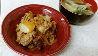 豚肉とタマネギ炒め&タマネギホウレン味噌の写真