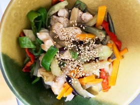 全てレンジ胸肉なす青椒肉絲風
