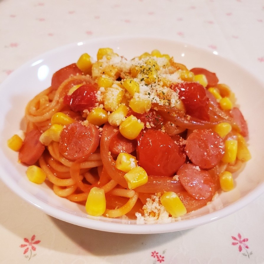 プチトマトとコーンの可愛いスパゲティ♡の画像