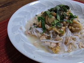 ツナ缶と帆立缶の和風しらたきパスタ