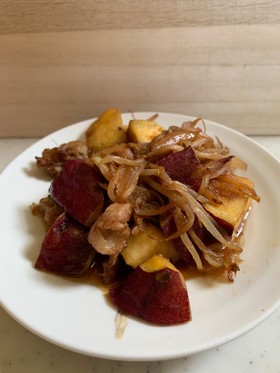 お芋と豚肉の醤油だれ炒め