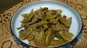 唐辛子でピリッ!豚肉とごぼうの炒め物!