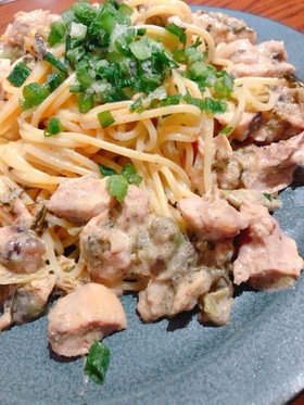 フライパンいらず高菜明太アボカド鶏パスタ