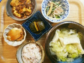 夕飯!麻婆豆腐 スープ餃子 野菜炒め