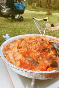 【キャンプ飯】鶏もも肉のトマトジュース煮