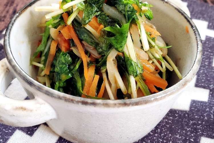 水菜ともやしと人参のコクうま醤油ナムル レシピ 作り方 By こはるスマイルごはん クックパッド 簡単おいしいみんなのレシピが360万品