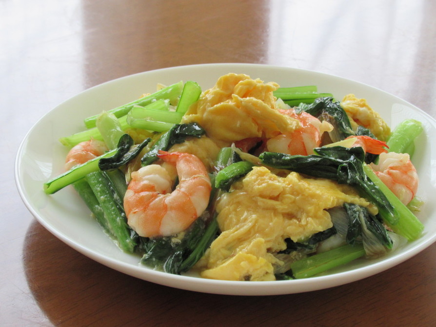 海老と小松菜とふんわり卵の炒め物の画像