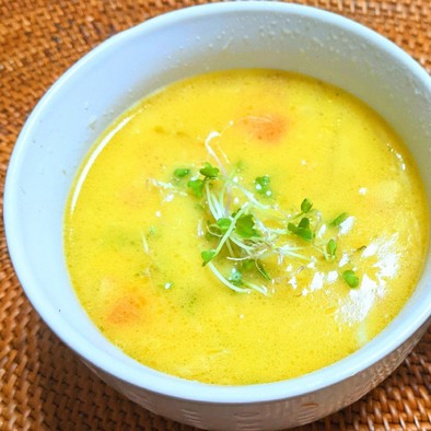 白菜とベーコンの豆乳スープの写真