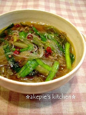 ピリ辛☆ひき肉と野菜の春雨スープ♫