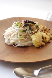 野沢菜の簡単ペペロンチーノ～白身魚のせ～