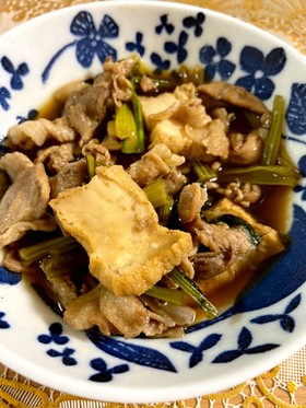 厚揚げと豚肉、小松菜のうま煮