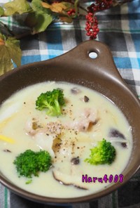 豚肉と長ネギ、キノコの味噌豆乳スープ