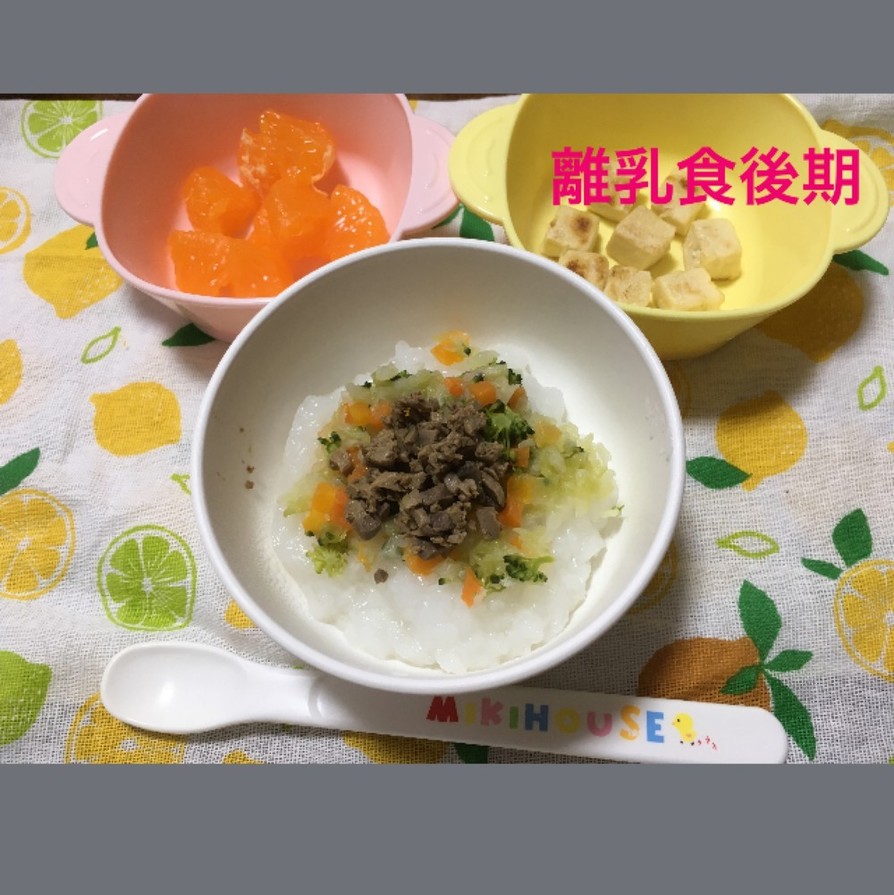 9ヶ月☆野菜レバー丼 豆腐ステーキ 果物の画像