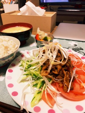 豚バラ肉の細切り柚味噌炒め