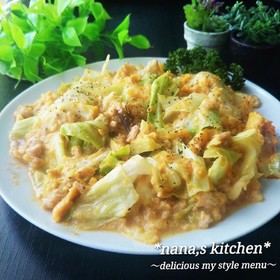キャベツとひき肉の甘味噌卵綴じ炒め
