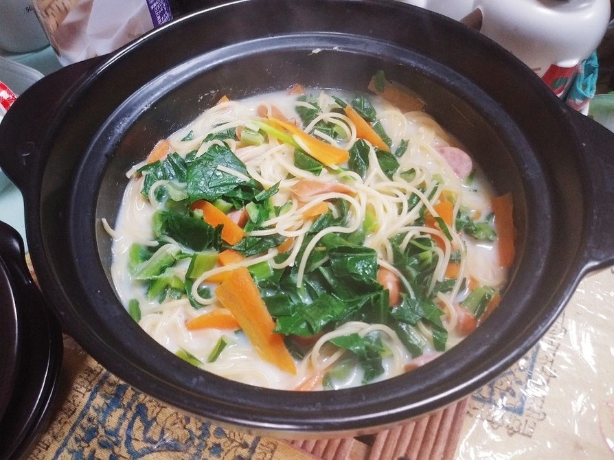 野菜ミルクスープパスタ(簡単)小松菜の画像