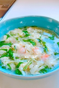 水菜と海老のふわふわ卵和風スープ