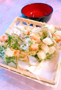カリッと✨水菜とカニカマ長芋のかき揚げ