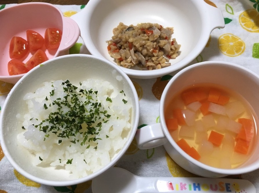 10ヶ月☆ごはん 納豆和え 和風スープの画像