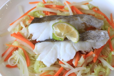  白身魚と野菜のレンジ蒸しの写真