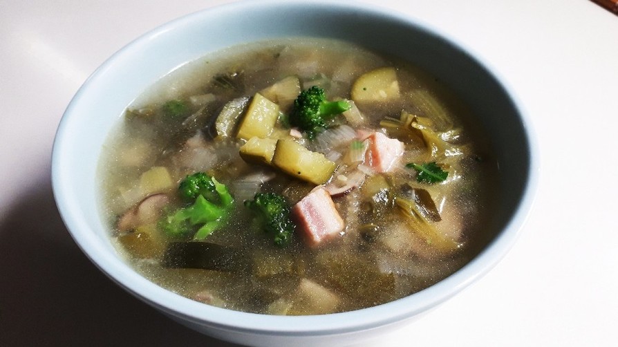 緑の野菜(小松菜ブロッコリー等)のスープの画像