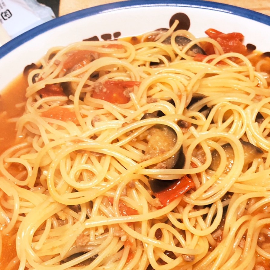 簡単節約！トマトとナスのスープパスタの画像