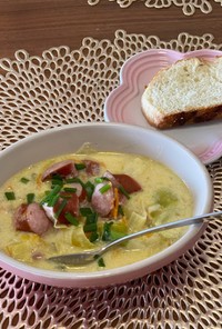 ネギとポテトとソーセージのクリームスープ
